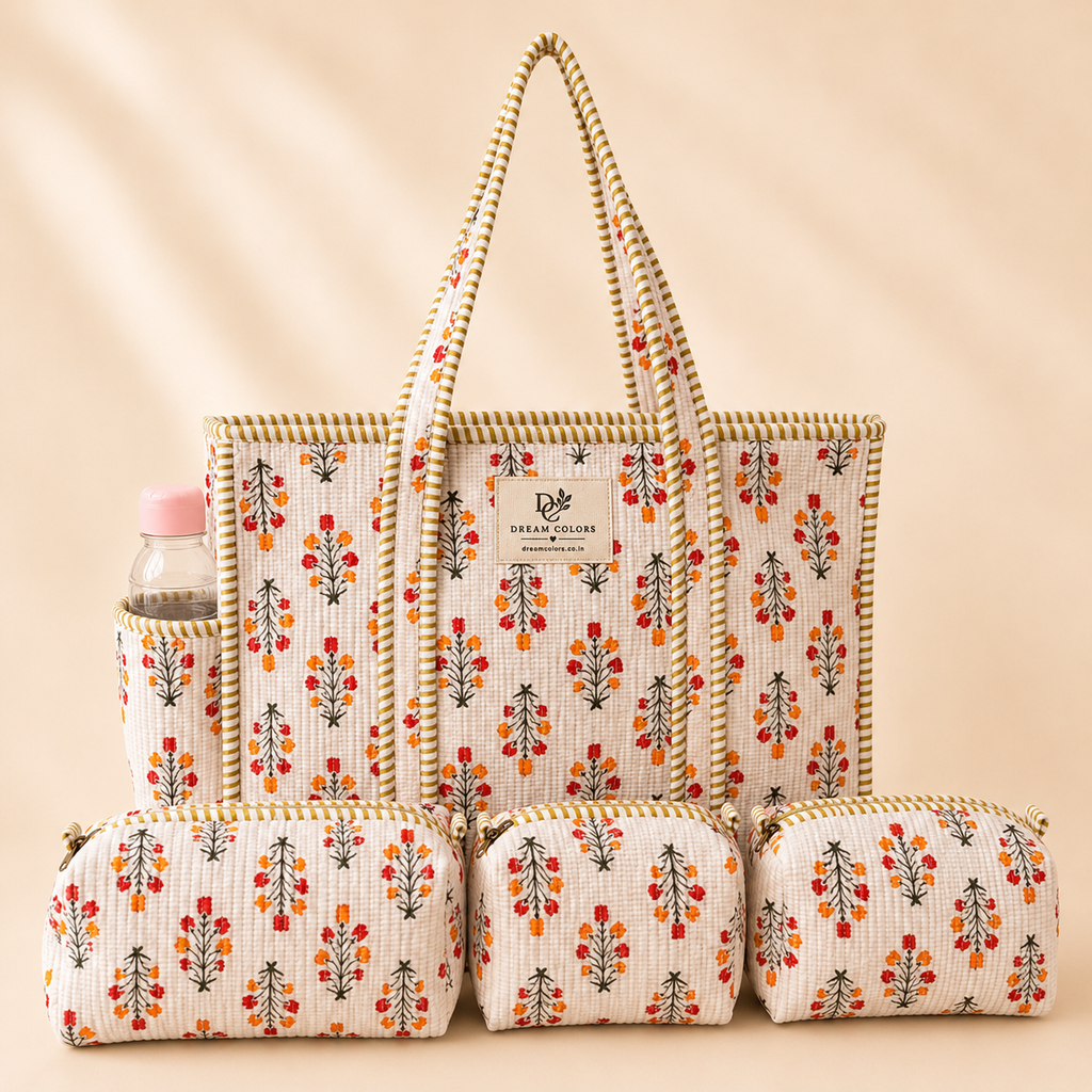 Dream Colors Quilted Cotton Tote Bag Combo with 3 Waterproof Utility Pouches - Orange Floral
