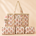 Dream Colors Quilted Cotton Tote Bag Combo with 3 Waterproof Utility Pouches - Orange Floral