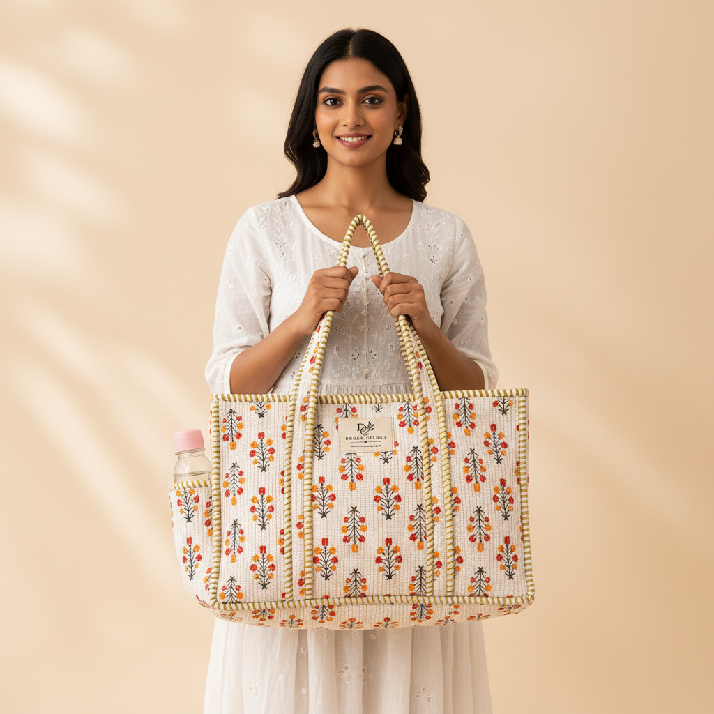 Dream Colors Quilted Cotton Tote Bag Combo with 3 Waterproof Utility Pouches - Orange Floral