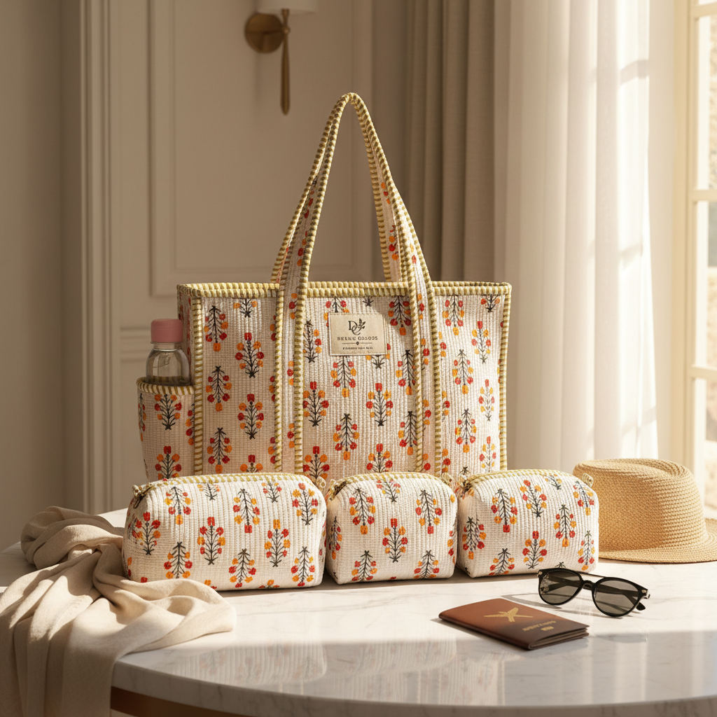 Dream Colors Quilted Cotton Tote Bag Combo with 3 Waterproof Utility Pouches - Orange Floral