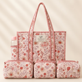 Dream Colors Quilted Cotton Tote Bag Combo with 3 Waterproof Utility Pouches - Pink Floral