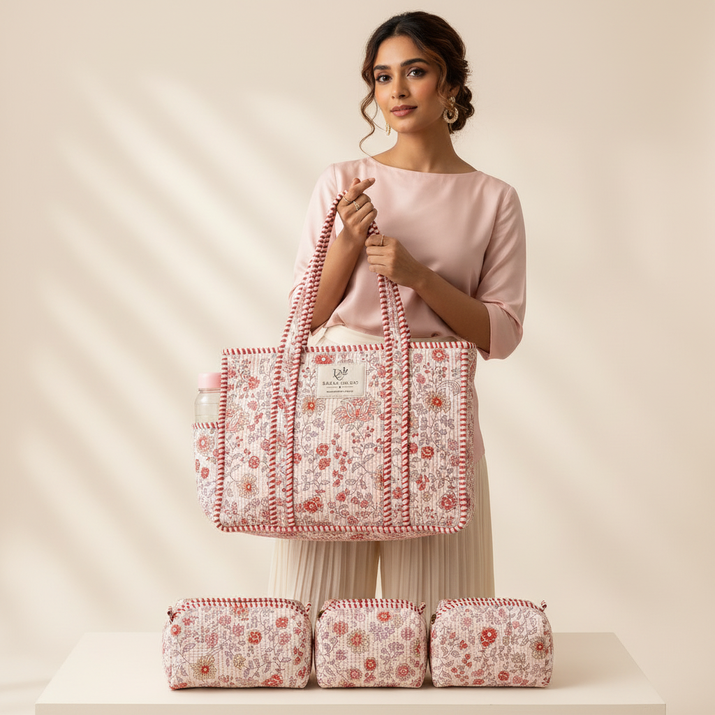 Dream Colors Quilted Cotton Tote Bag Combo with 3 Waterproof Utility Pouches - Pink Floral