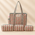 Dream Colors Quilted Cotton Tote Bag Combo with 3 Waterproof Utility Pouches - Pink