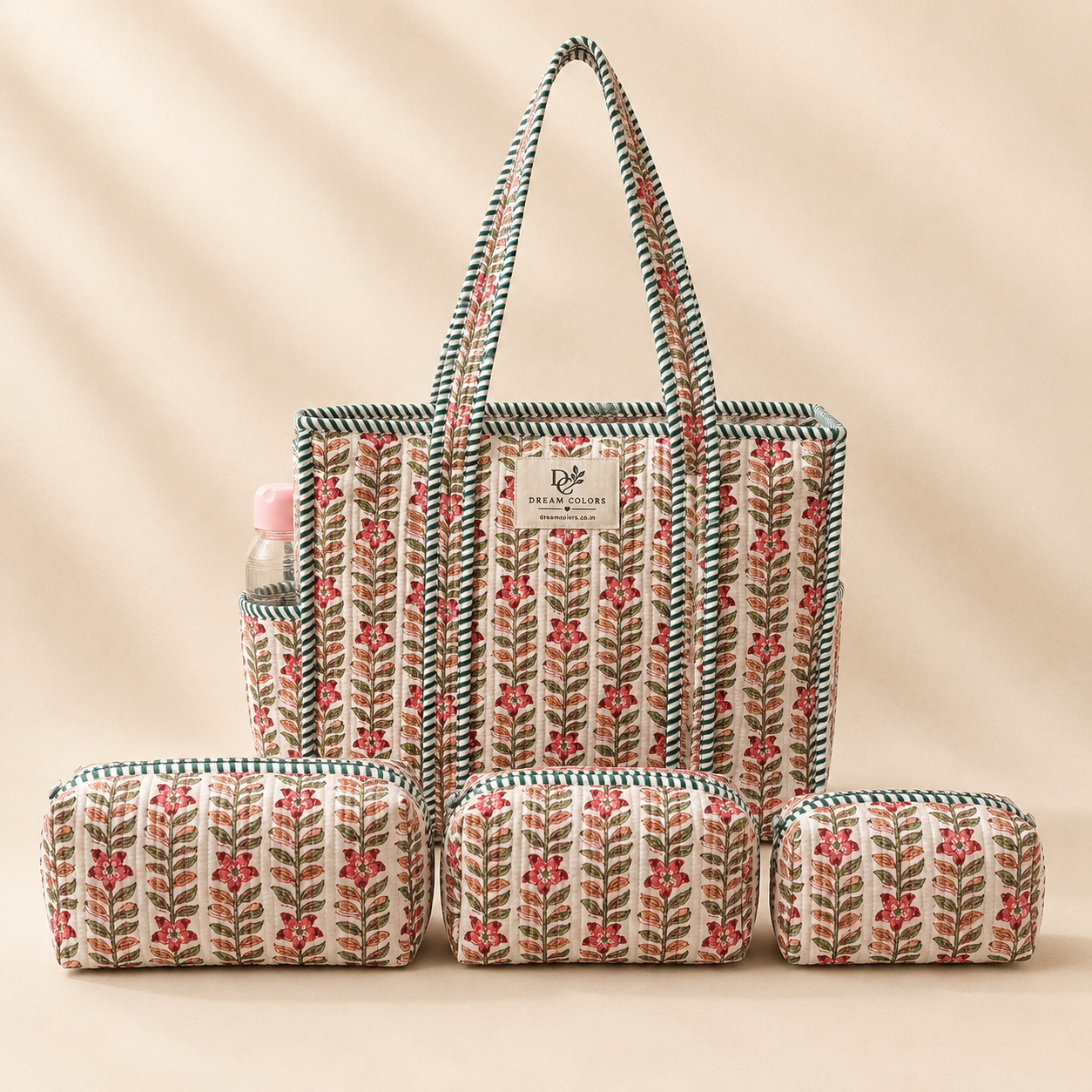 Dream Colors Quilted Cotton Tote Bag Combo with 3 Waterproof Utility Pouches - Pink