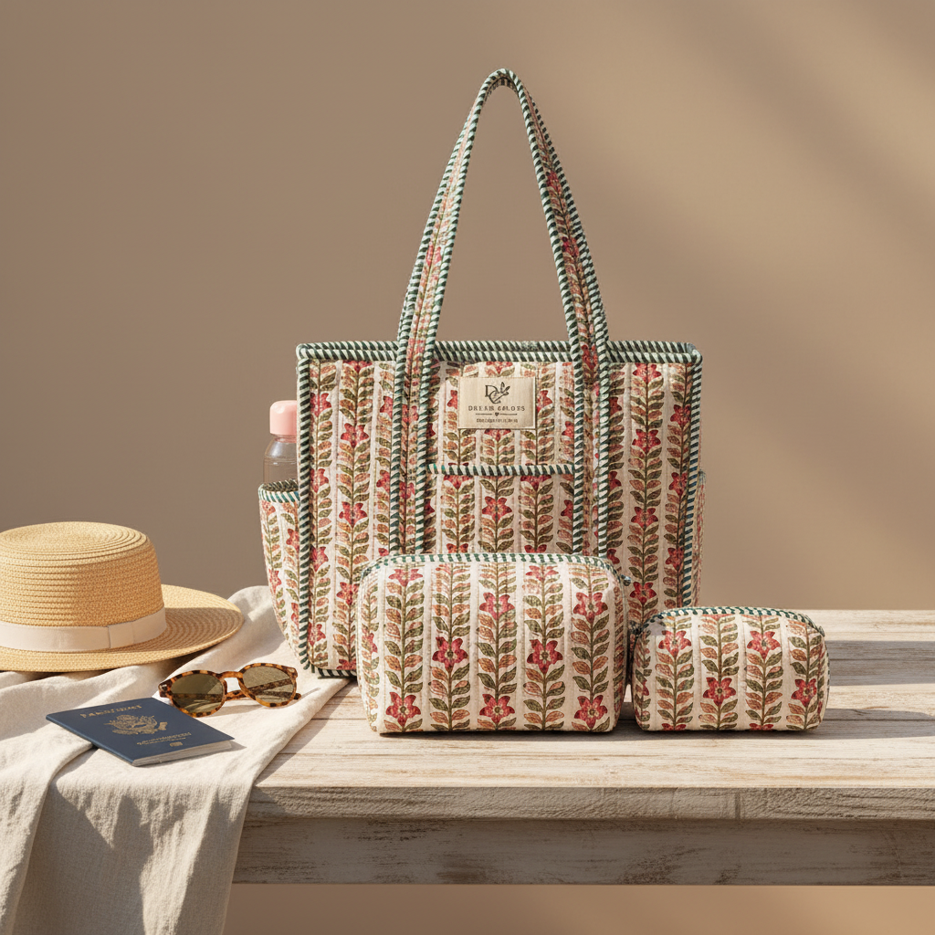 Dream Colors Quilted Cotton Tote Bag Combo with 3 Waterproof Utility Pouches - Pink