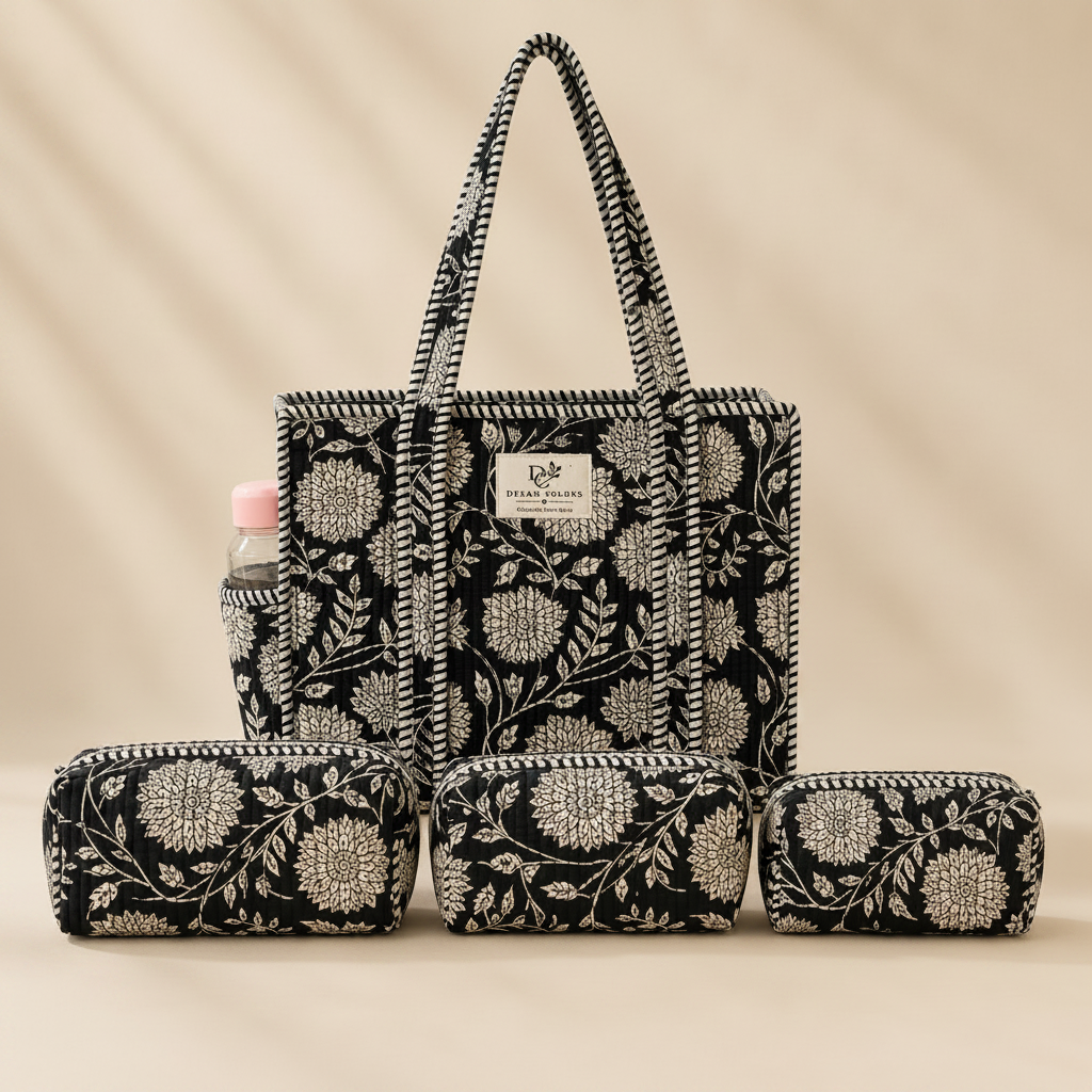 Dream Colors Quilted Cotton Tote Bag Combo with 3 Waterproof Utility Pouches - Black