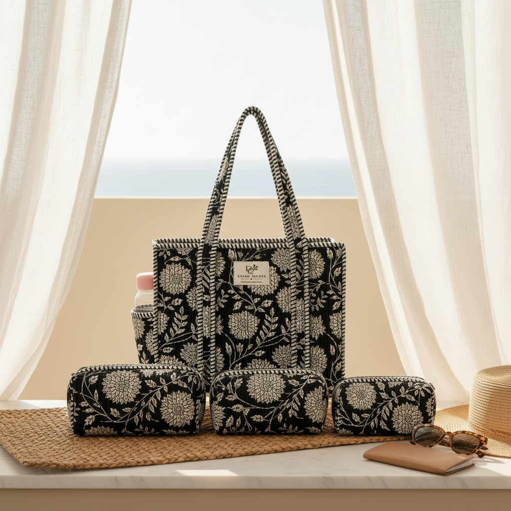 Dream Colors Quilted Cotton Tote Bag Combo with 3 Waterproof Utility Pouches - Black