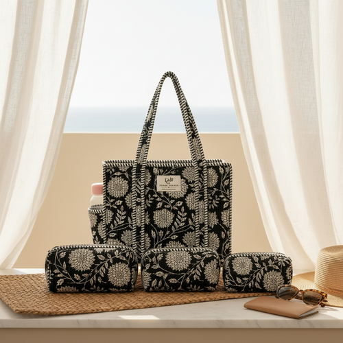 Dream Colors Quilted Cotton Tote Bag Combo with 3 Waterproof Utility Pouches - Black