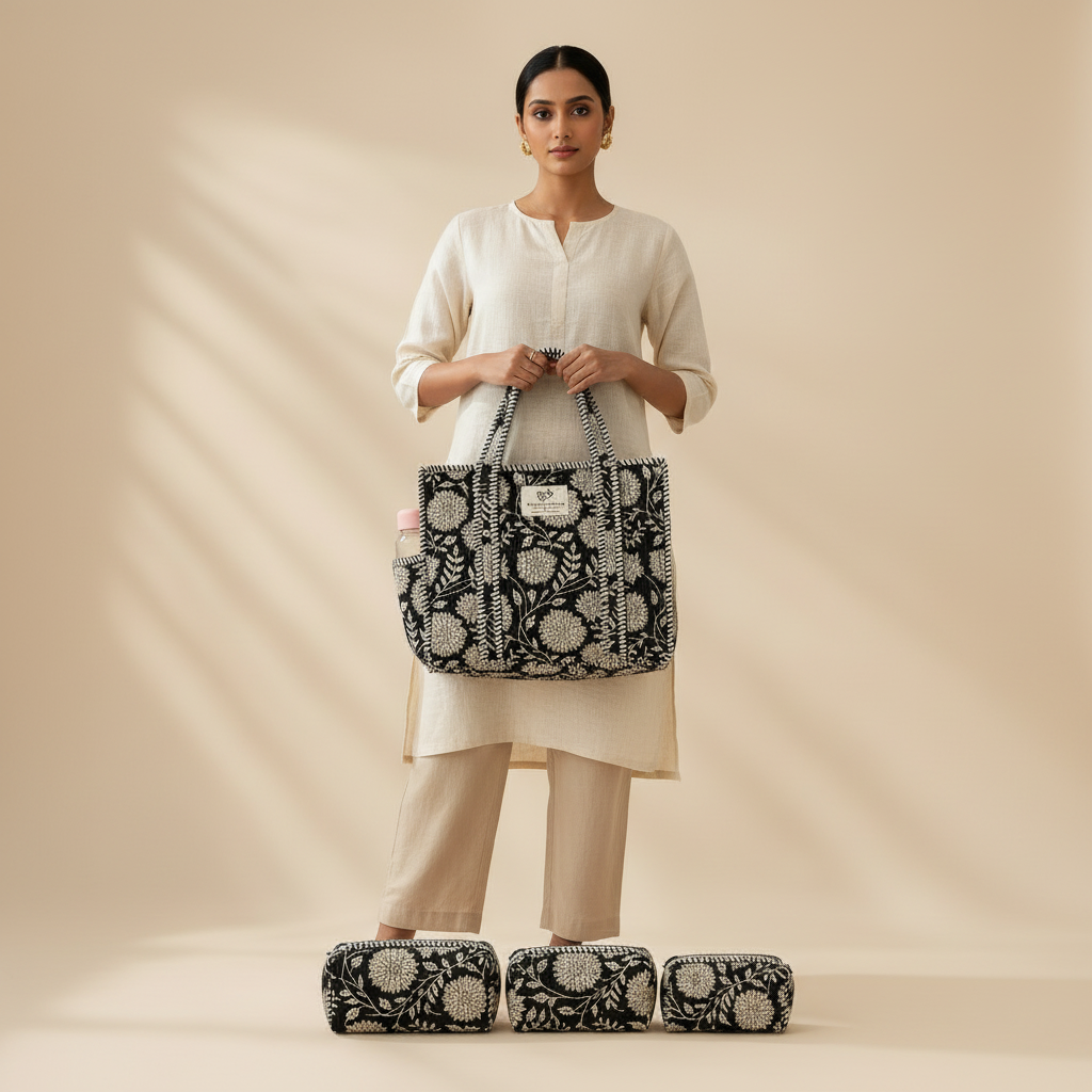 Dream Colors Quilted Cotton Tote Bag Combo with 3 Waterproof Utility Pouches - Black