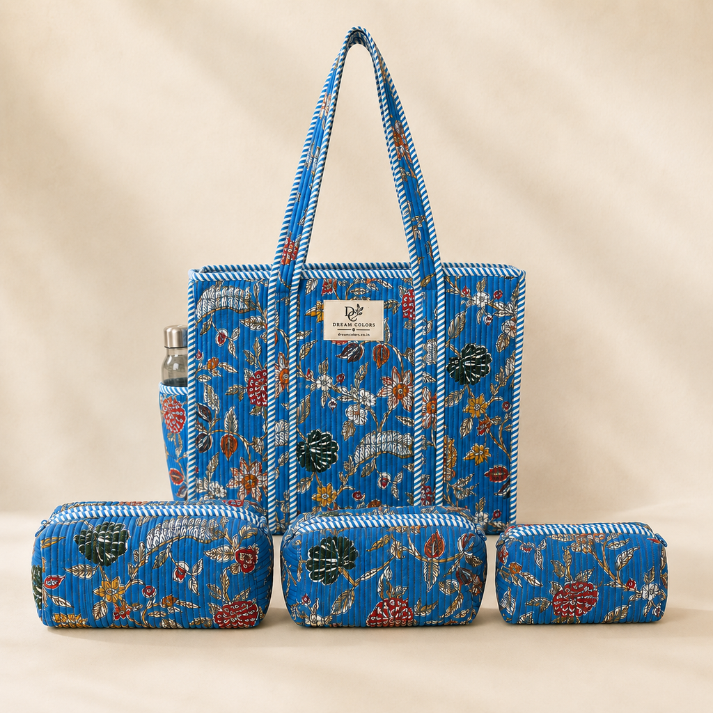 Dream Colors Quilted Cotton Tote Bag Combo with 3 Waterproof Utility Pouches - Blue Black Floral