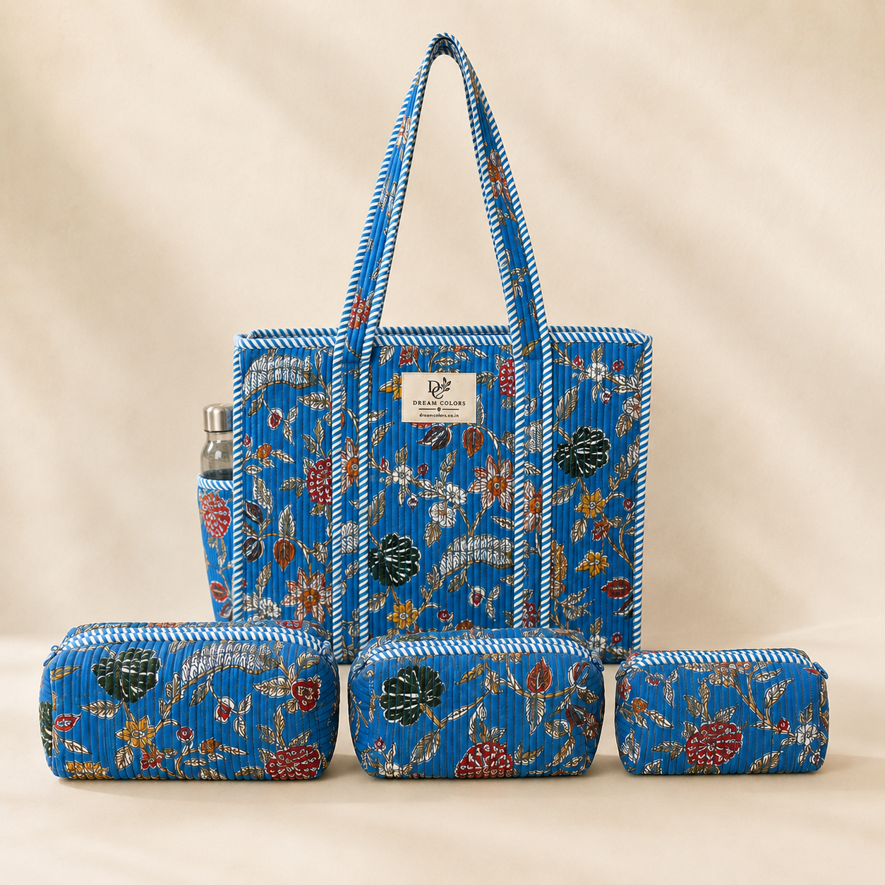 Dream Colors Quilted Cotton Tote Bag Combo with 3 Waterproof Utility Pouches - Blue Black Floral