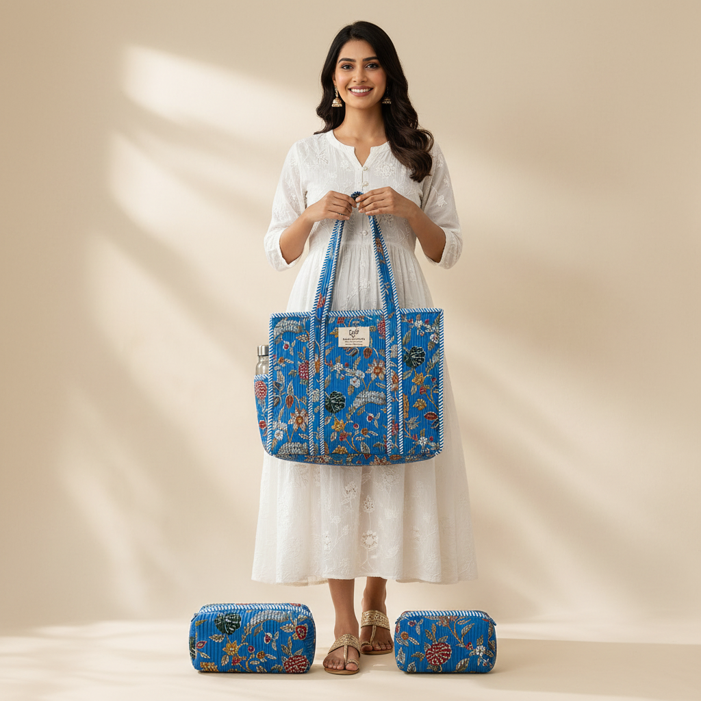 Dream Colors Quilted Cotton Tote Bag Combo with 3 Waterproof Utility Pouches - Blue Black Floral