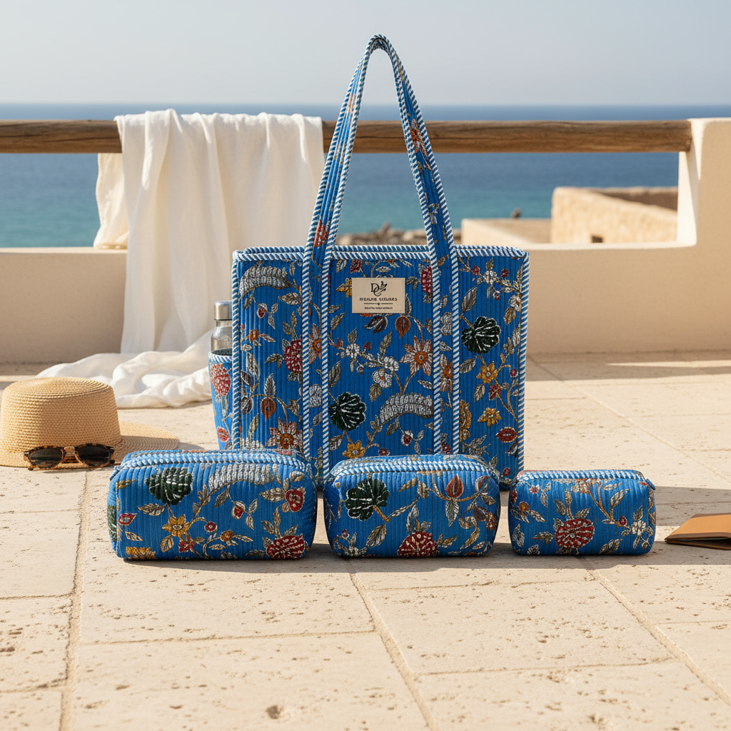 Dream Colors Quilted Cotton Tote Bag Combo with 3 Waterproof Utility Pouches - Blue Black Floral