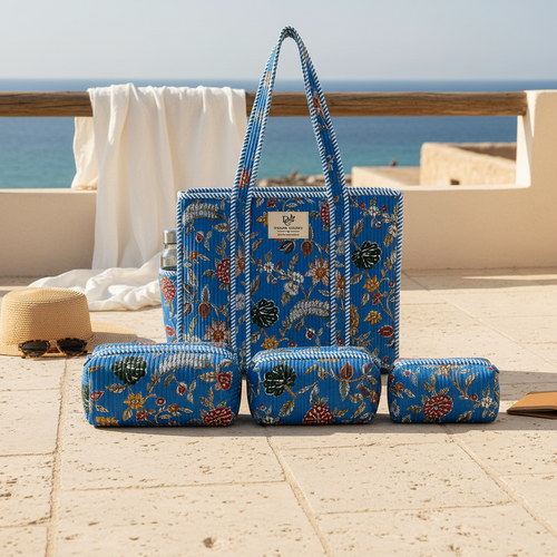 Cotton Bag Combo with 3 Waterproof Pouches - Blue Black Floral