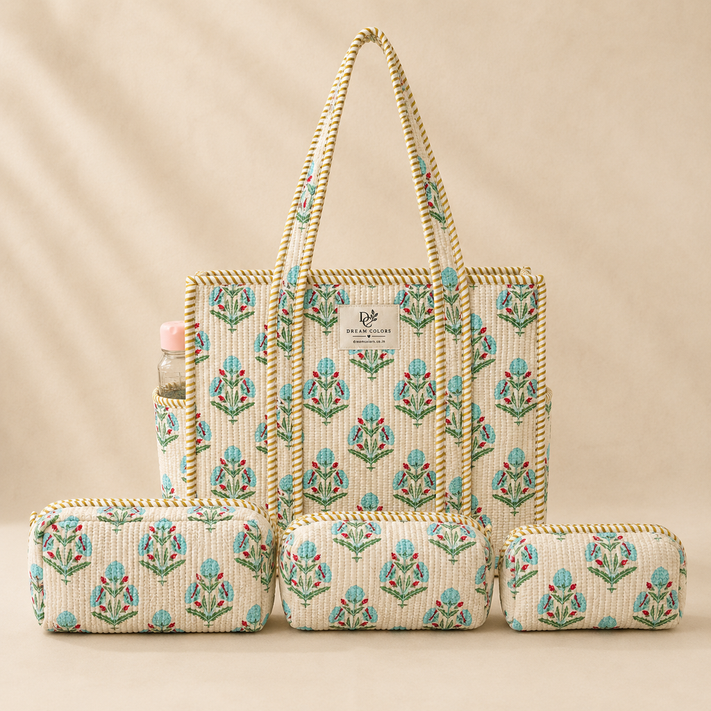 Dream Colors Quilted Cotton Tote Bag Combo with 3 Waterproof Utility Pouches - Green Block