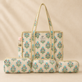 Dream Colors Quilted Cotton Tote Bag Combo with 3 Waterproof Utility Pouches - Green Block