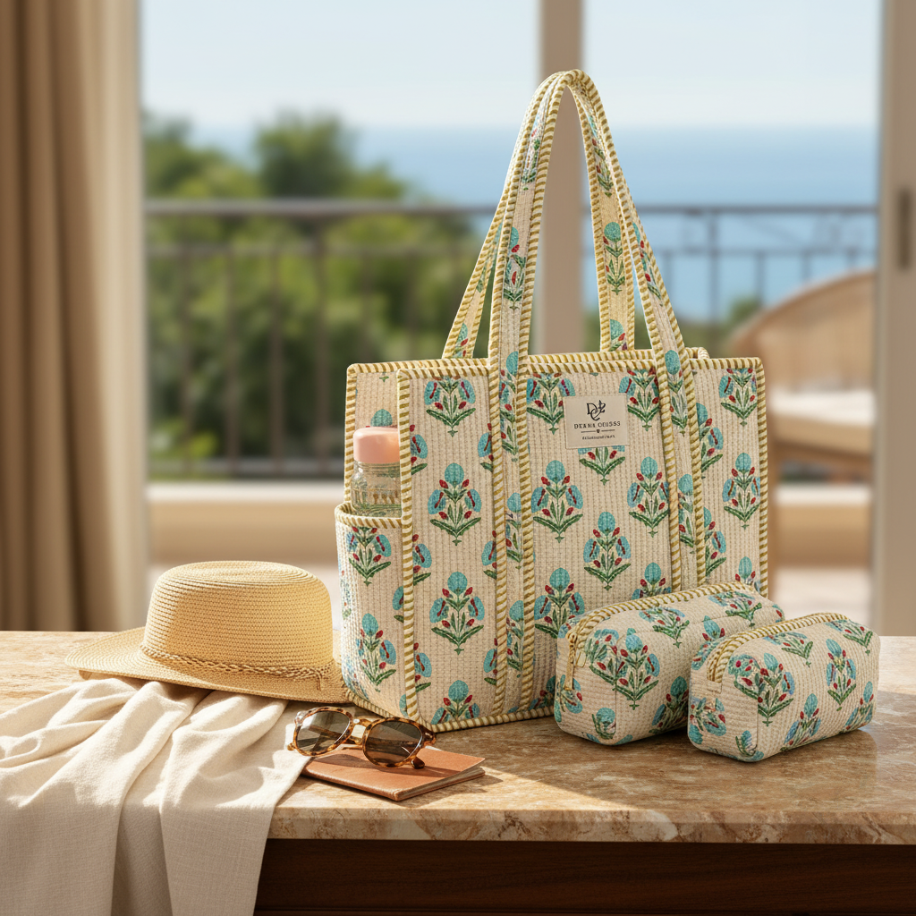 Dream Colors Quilted Cotton Tote Bag Combo with 3 Waterproof Utility Pouches - Green Block