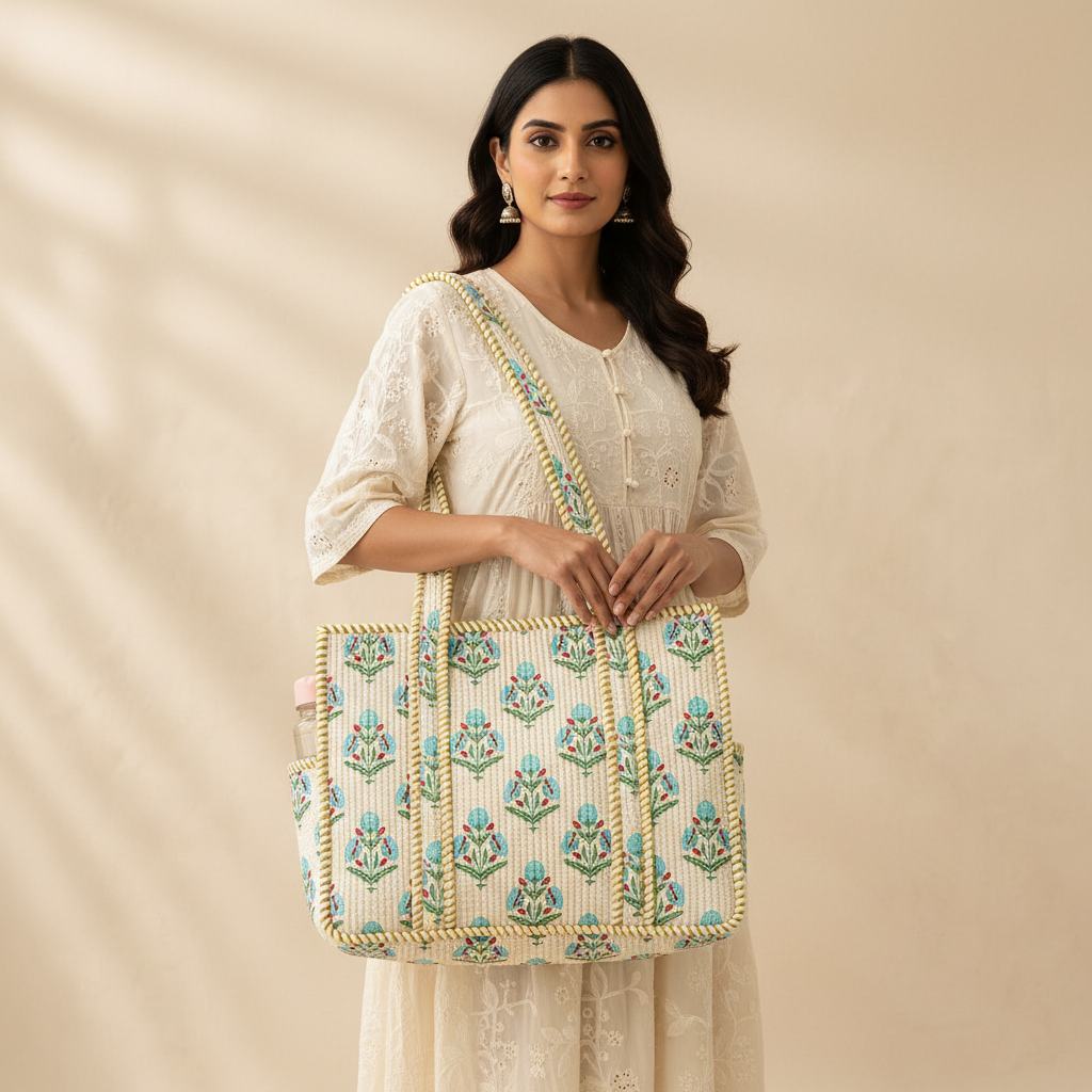 Dream Colors Quilted Cotton Tote Bag Combo with 3 Waterproof Utility Pouches - Green Block