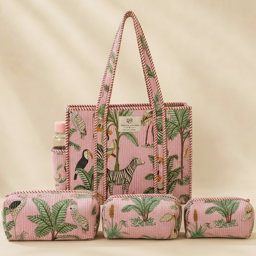 Dream Colors Quilted Cotton Tote Bag Combo with 3 Waterproof Utility Pouches - Pink Animal