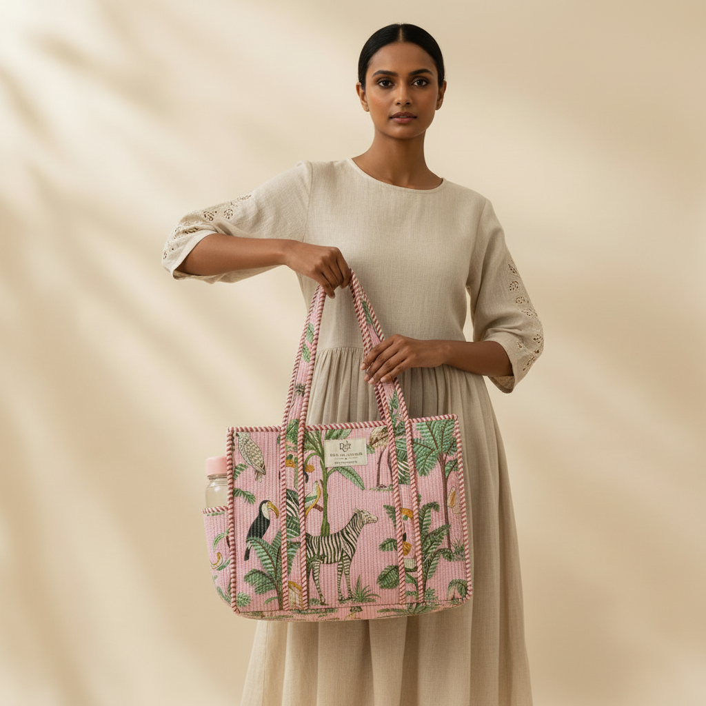 Dream Colors Quilted Cotton Tote Bag Combo with 3 Waterproof Utility Pouches - Pink Animal