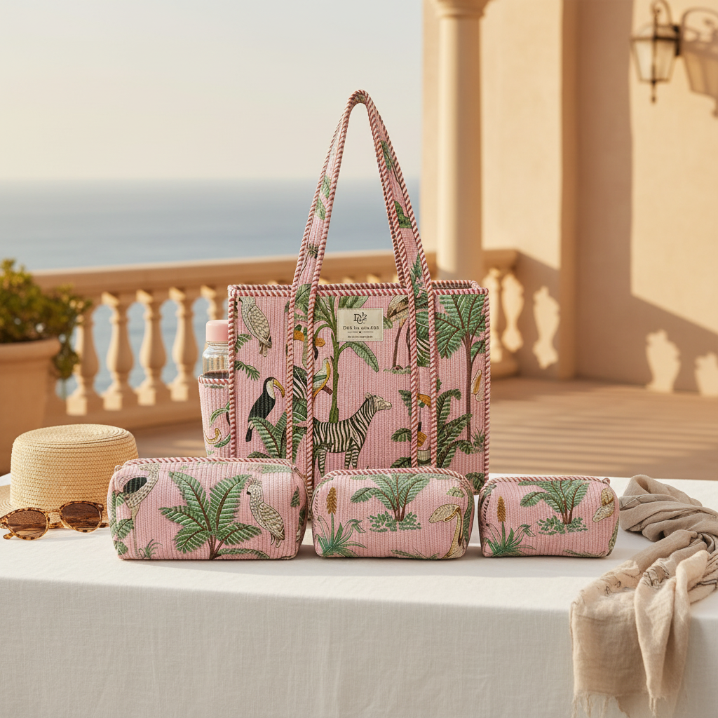 Dream Colors Quilted Cotton Tote Bag Combo with 3 Waterproof Utility Pouches - Pink Animal