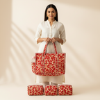 Cotton Bag Combo with 3 Waterproof Pouches - Red Print