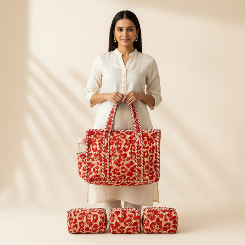 Dream Colors Quilted Cotton Tote Bag Combo with 3 Waterproof Utility Pouches - Red Print