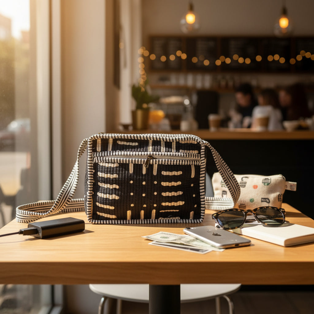 Black and white patterned handbag on a white surface with a blurred background