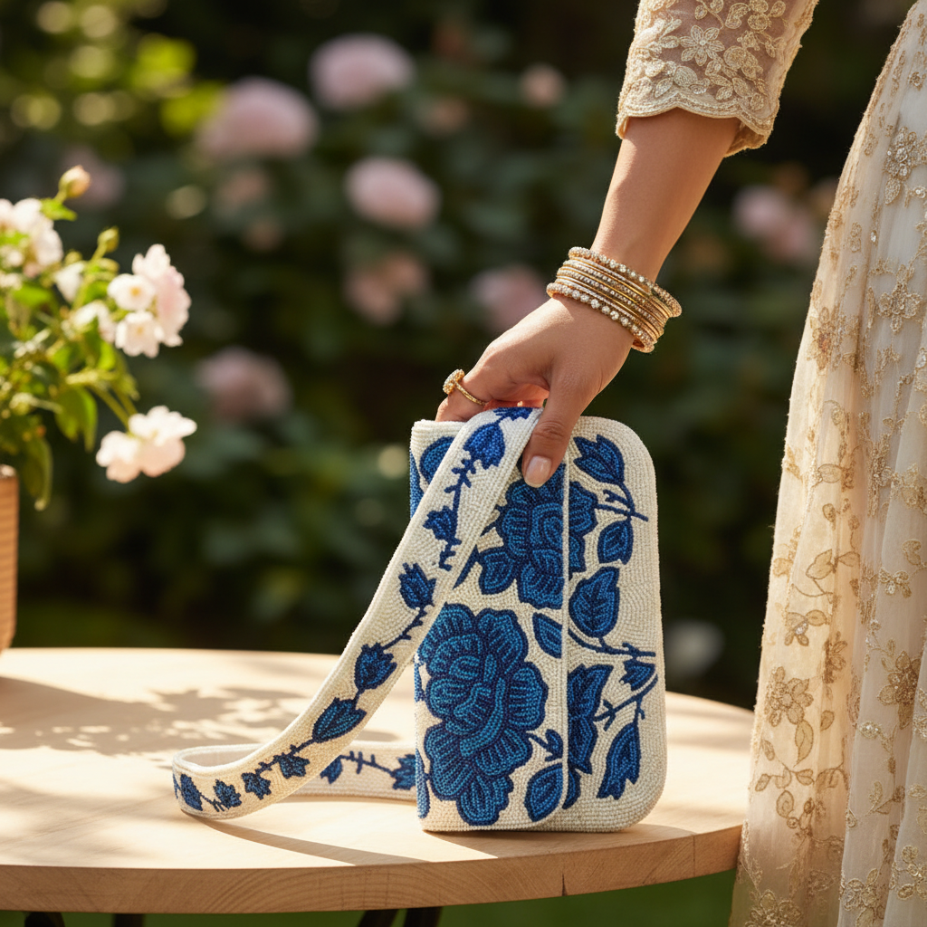 Handcrafted Beaded Bags - Blue Rose