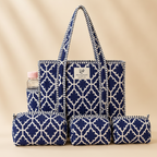 Cotton Bag Combo with 3 Waterproof Pouches - Blue White Block