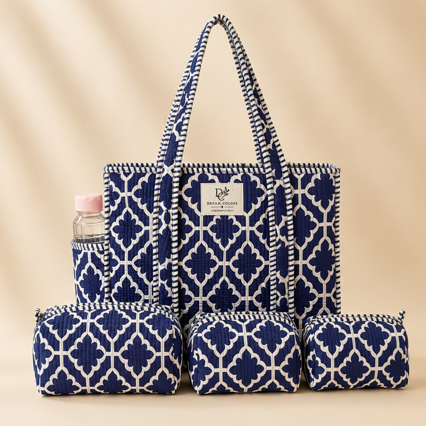 Dream Colors Quilted Cotton Tote Bag Combo with 3 Waterproof Utility Pouches - Blue White Block