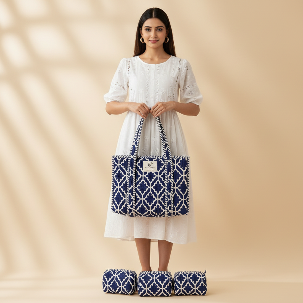 Dream Colors Quilted Cotton Tote Bag Combo with 3 Waterproof Utility Pouches - Blue White Block