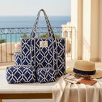 Cotton Bag Combo with 3 Waterproof Pouches - Blue White Block