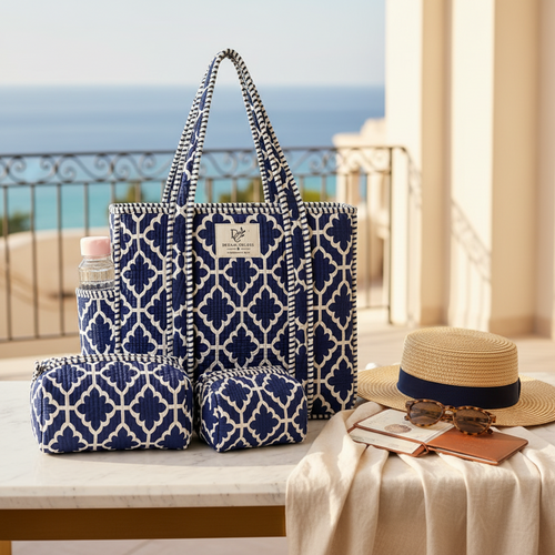 Cotton Bag Combo with 3 Waterproof Pouches - Blue White Block