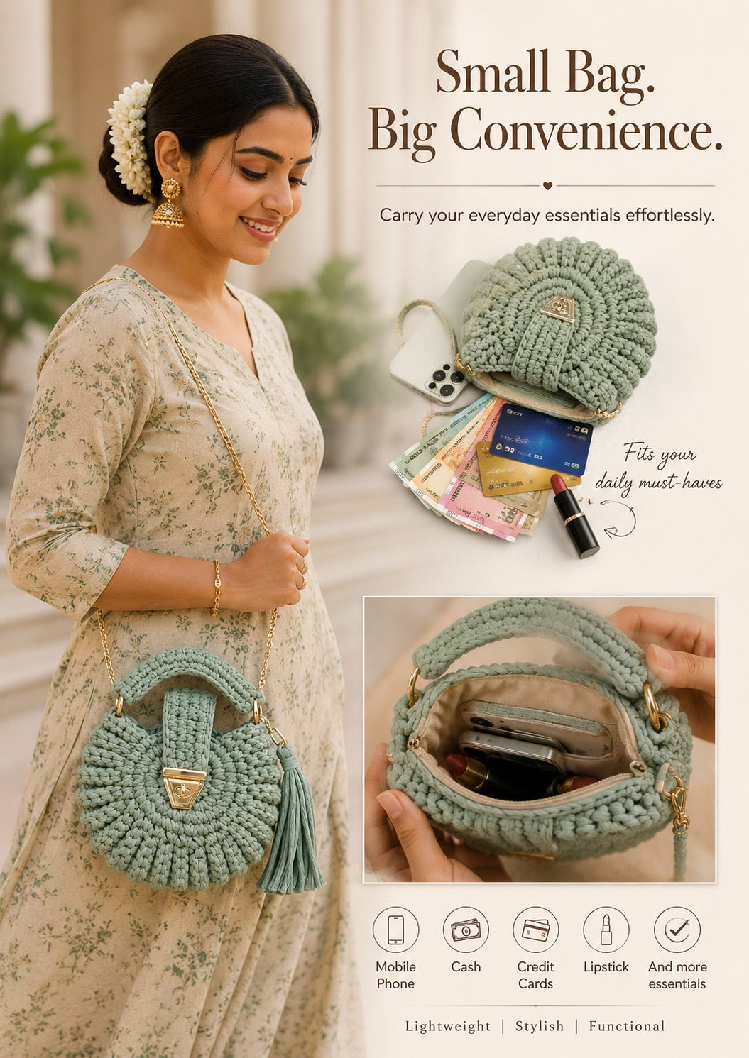 Handcrafted Puff Crochet Handbag - Light green