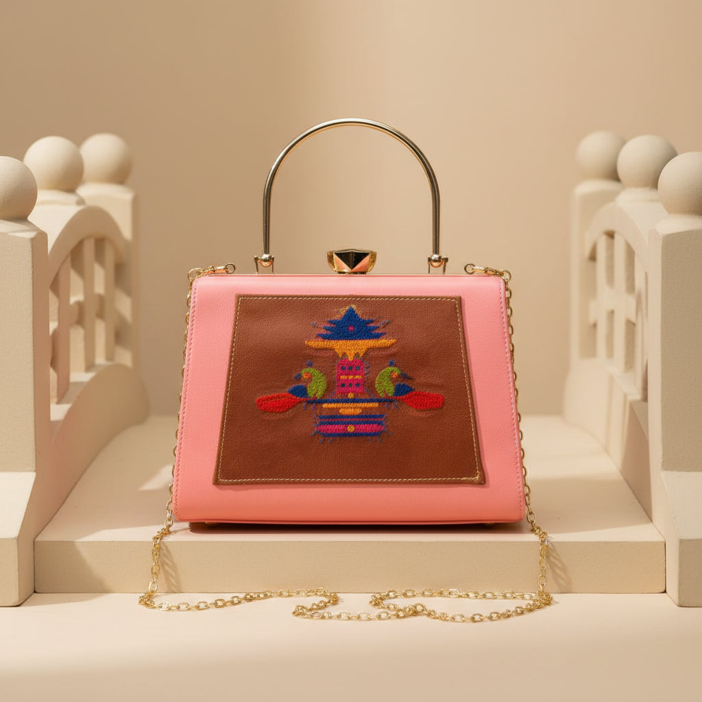 Paithani-Inspired Embroidered Clutch Bag with Gold Handle - Peacock Pink