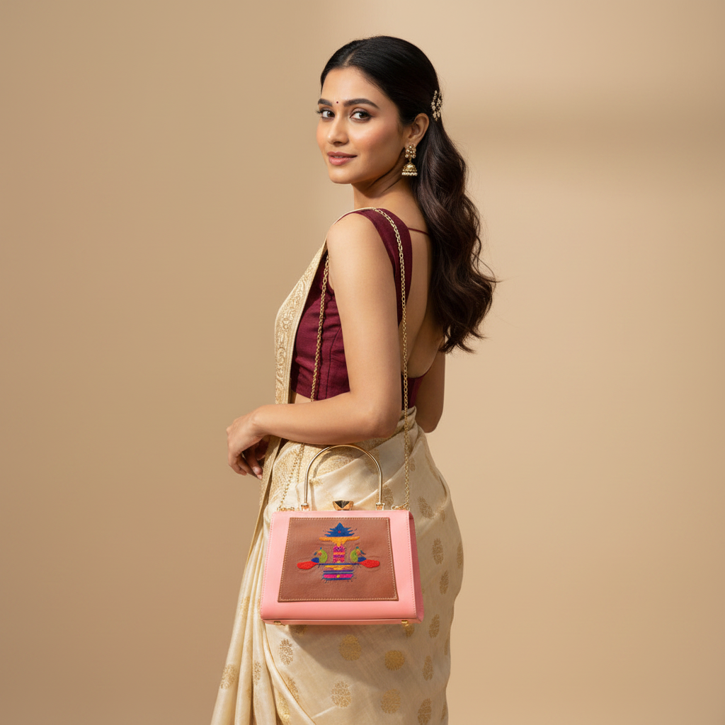 Paithani-Inspired Embroidered Clutch Bag with Gold Handle - Peacock Pink
