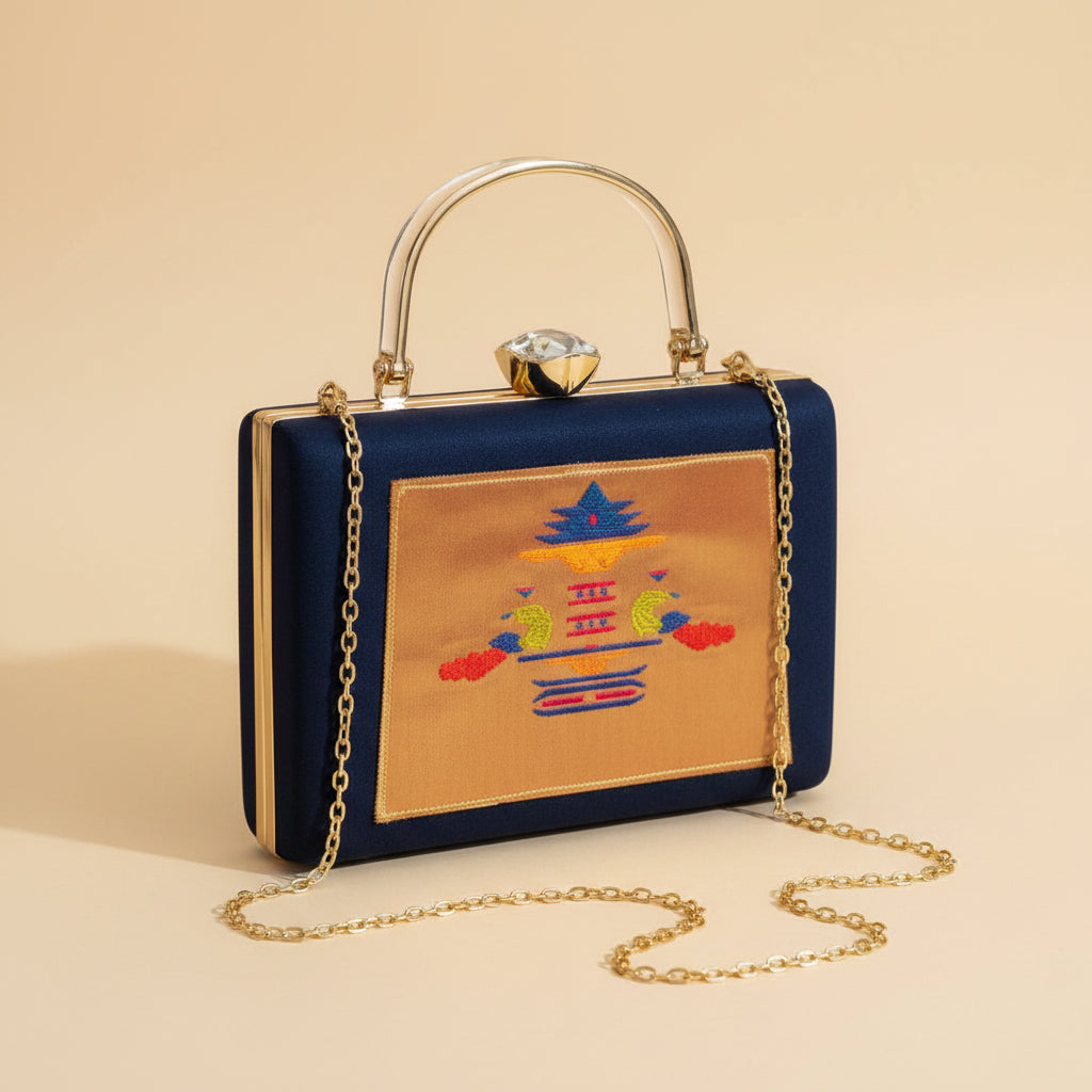 Paithani-Inspired Embroidered Clutch Bag with Gold Handle - Peacock Blue