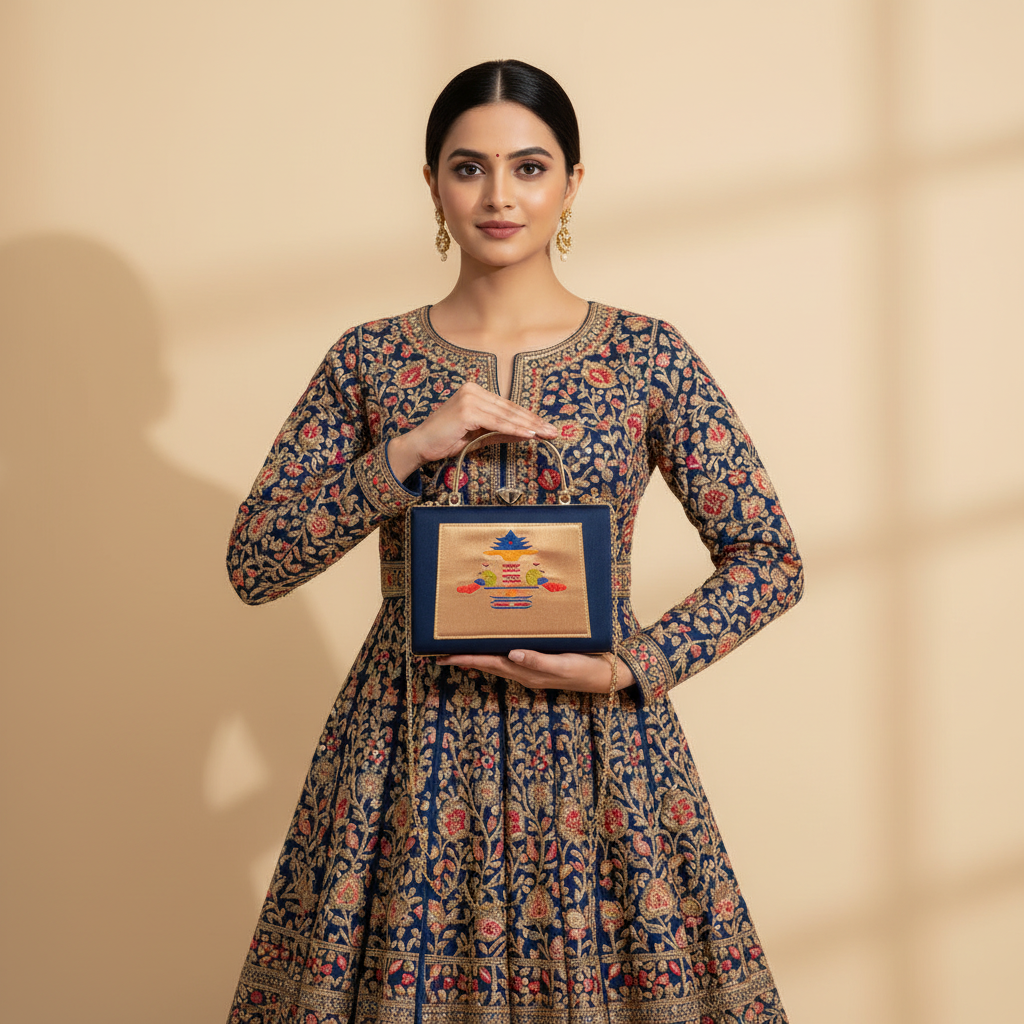 Paithani-Inspired Embroidered Clutch Bag with Gold Handle - Peacock Blue