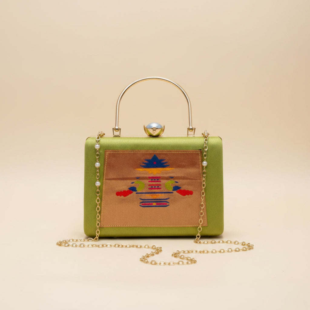 Paithani-Inspired Embroidered Clutch Bag with Gold Handle - Peacock Green