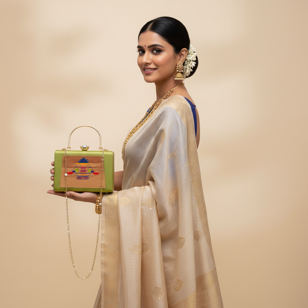 Paithani-Inspired Embroidered Clutch Bag with Gold Handle - Peacock Green