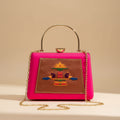 Paithani-Inspired Embroidered Clutch Bag with Gold Handle - Peacock Pink