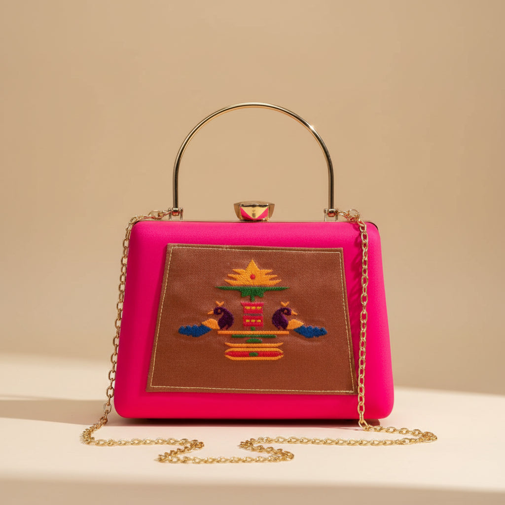 Paithani-Inspired Embroidered Clutch Bag with Gold Handle - Peacock Pink
