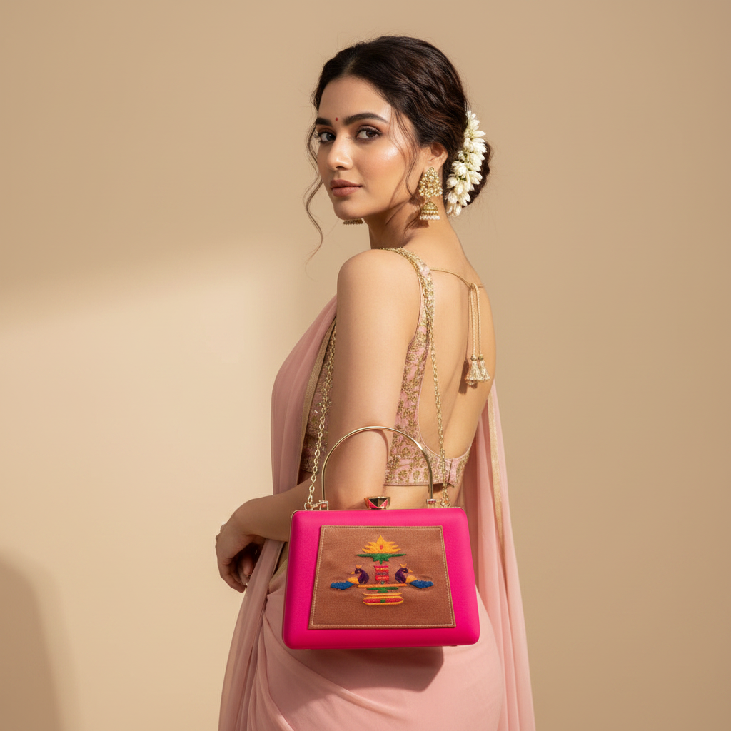 Paithani-Inspired Embroidered Clutch Bag with Gold Handle - Peacock Pink