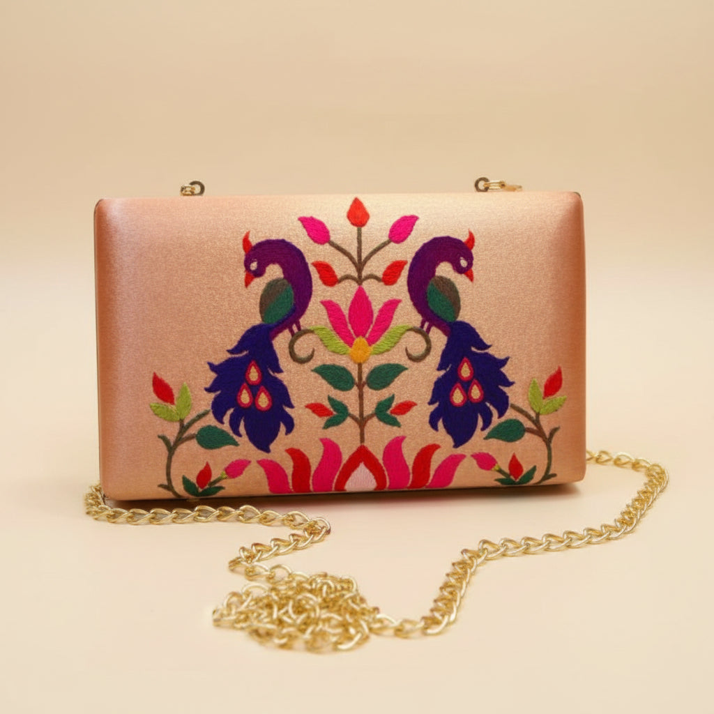 Paithani-Inspired Embroidered Clutch Bag with Gold Handle - Peacock baby Pink