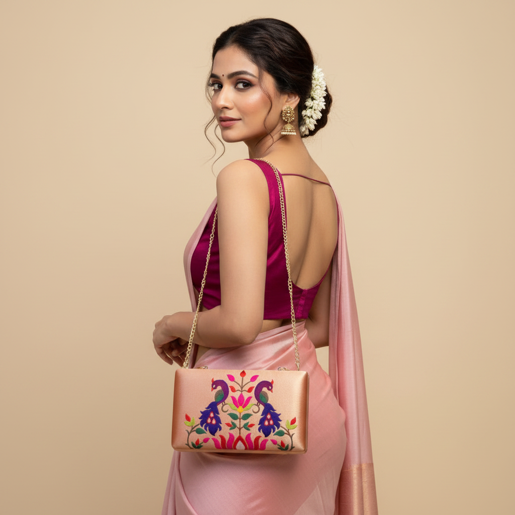 Paithani-Inspired Embroidered Clutch Bag with Gold Handle - Peacock baby Pink