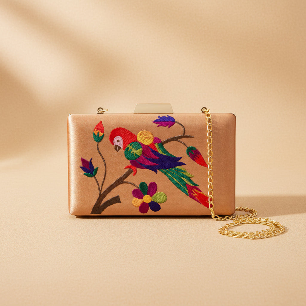 Paithani-Inspired Embroidered Clutch Bag with Gold Handle -  Parrot Beige
