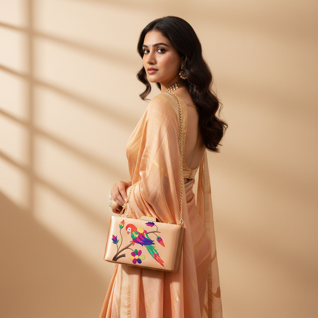 Paithani-Inspired Embroidered Clutch Bag with Gold Handle -  Parrot Beige