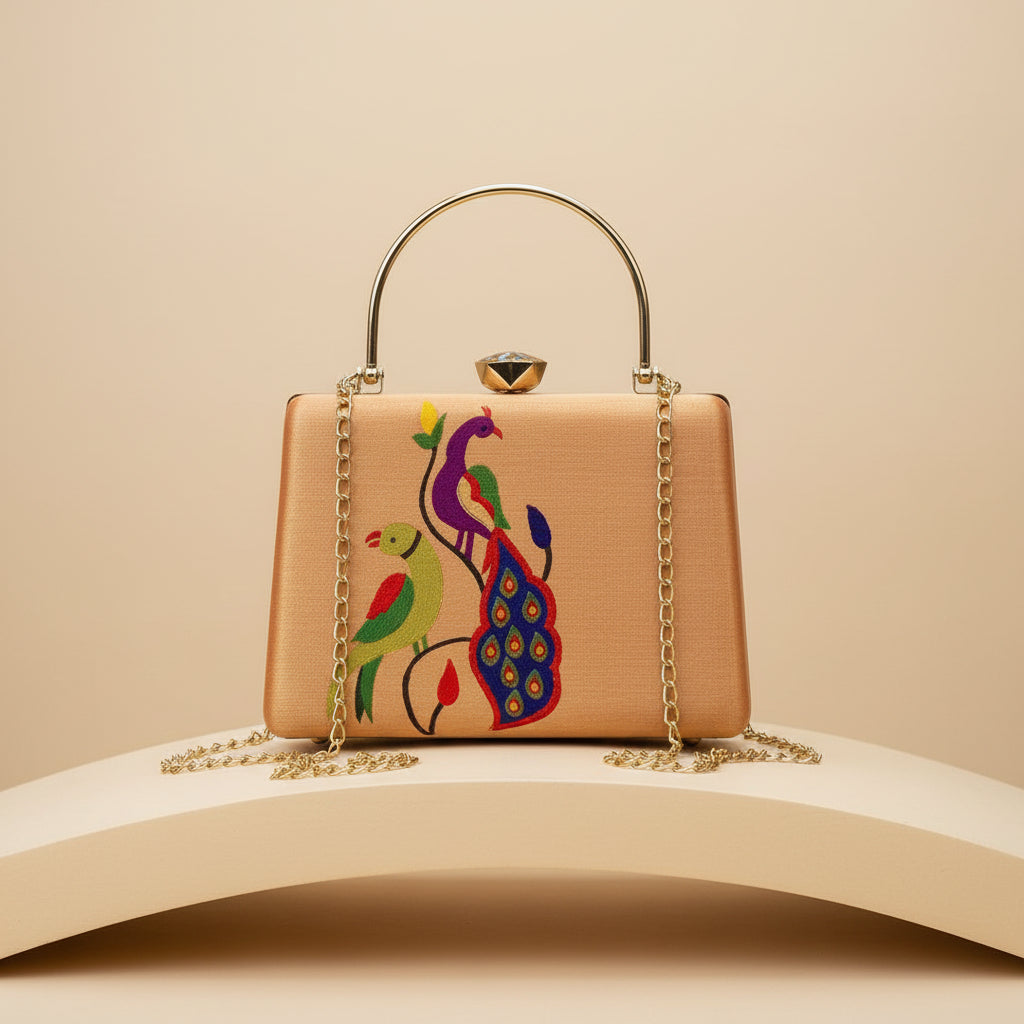 Paithani-Inspired Embroidered Clutch Bag with Gold Handle - Peacock Pinck