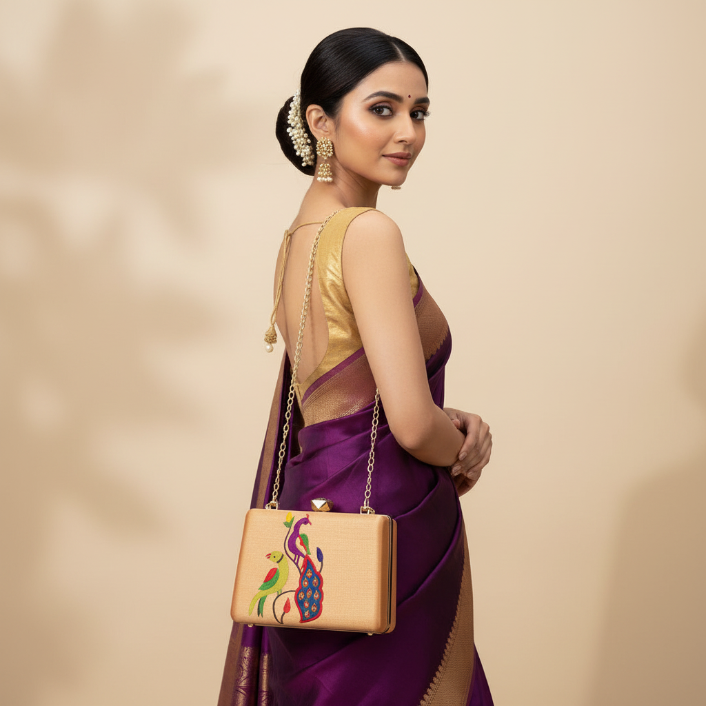 Paithani-Inspired Embroidered Clutch Bag with Gold Handle - Peacock Pinck